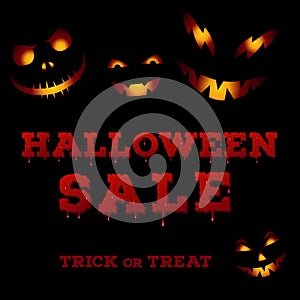 Design of the flyer with halloween sale inscription on black background. Template of poster with evil faces