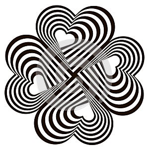 Design four hearts swirl rotation illusion background. Abstract striped distortion twisted backdrop.