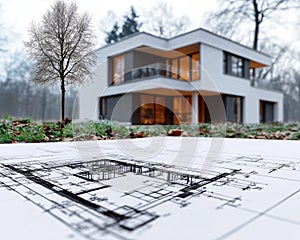Design framework in focus - house model positioned over detailed blueprints, emphasizing architectural structure
