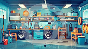 Design of garage interior. Modern illustration of auto repair shop or storage room with car tires, tools, household