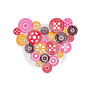 Design of gears on a white background in the shape of a heart.