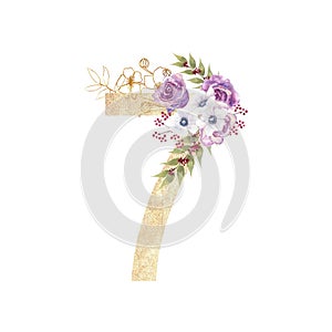 Design of a golden number 7 with flower bouquets of purple roses, anemones, etc. decor . Watercolor illustration on a