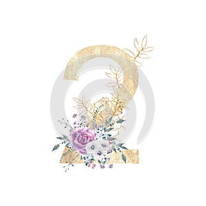 Design of a goldennumber 2 with flower bouquets of purple roses, anemones, etc. decor . Watercolor illustration on a