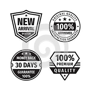 Design graphic badge logo vector set in retro vintage style. New arrival. 100% approved. 30 days money back guarantee. Premium
