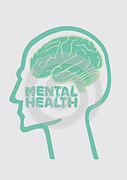 Design graphic of a human brain with mental health. Psychology or mental healthcare concept