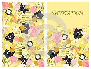 Design greeting card, invitation in floral motif. Abstract flowers, dots, dashes on light yellow background. Vector illustration