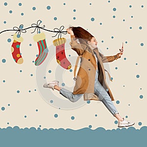 Design for greeting cards, postcard. Concept of Christmas, 2022 New Year. Contemporary art collage. Happy young girl