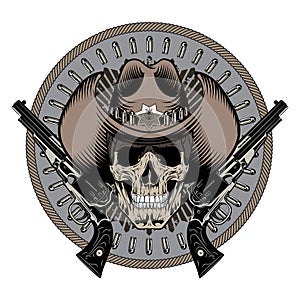 Design Gunfighter. Skull in cowboy hat, two crossed gun and bullets