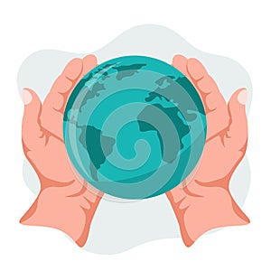Design of hands holding our planet earth