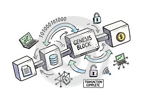 The design highlights the concept of a distributed ledger and data integrity