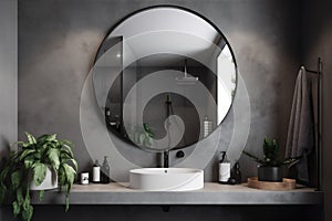 design home empty bathroom room interior luxury concrete sink gray mirror. Generative AI.