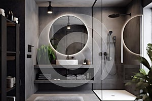 design home mirror bathroom modern concrete gray luxury room interior sink. Generative AI.