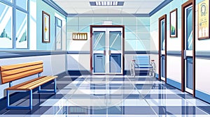 The design of a hospital corridor featuring the reception desk, bench in the waiting area, a wheelchair, and stretcher