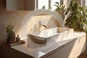 design hotel sunlight sink interior modern counter faucet house bathroom luxury. Generative AI.