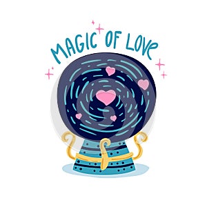 Design illustration with cute magic of love crystal with heart. Decoration wizard ball for print on t`-shirt, postcar