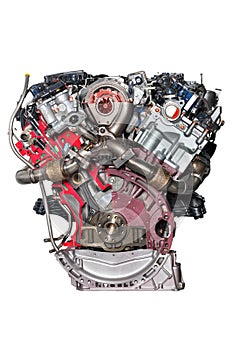 The design of the internal combustion engine of a modern car on a stand showing a section of partial elements