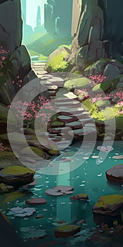 Design A Japanese Garden Cliff With Water Features And Lush Shrubs