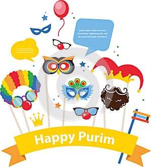 Design for Jewish holiday Purim with masks and