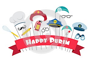 Design for Jewish holiday Purim with masks and traditional props. Vector illustration