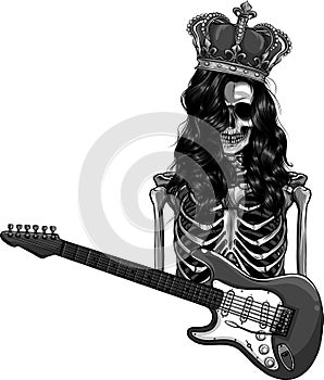 design of king human skeleton playing on electric guitar