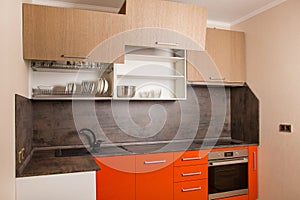 Design of kitchen furniture  repairs in the apartment. Storage system in the kitchen. Drawers and shelves in the kitchen area