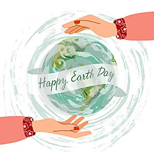 The design of the leaflets from Earth Day. The planet is embraced with his hands. Colored vector illustrations in flat