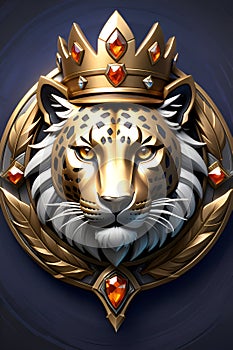 A design of leopard head made by metals, wearing a crown, surroundings by the gemstones, tiger, logo art, game medallion