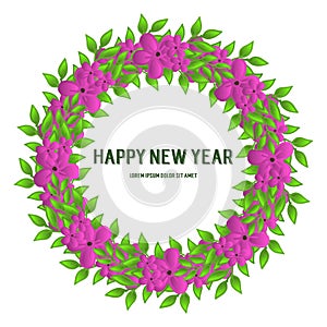 Design lettering of happy new year, with elegant purple flower frame. Vector