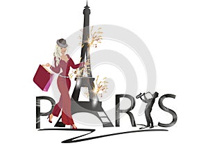 Design with lettering Paris and the Eiffel tower, fashion girls in hats, architectural elements.