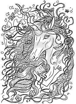 Design line art illustration with hand drawn beautiful fairy girl or princess and magic unicorn