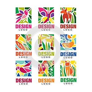 Design lodo set, labels with plants, birds and animals, tropical environmental signs, design emblem elements vector photo
