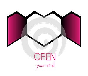 `Design love by opening the window of the heart with the message `Open your mind` in a flat vector style.`