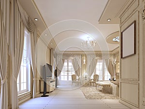 Design luxury bedroom in beige tones, with large Windows and classical curtains.