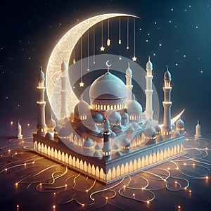 A design of magnificient mosque in ramadan theme, with crescent moon at the backgrpund, stars, ramadan ornaments photo