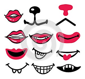 Design for medical face masks. Collection emoticons of mouth. Red cartoon mouths with teeth. Pattern for printing