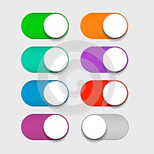 Design mobile Ui interface switch toggle buttons, set sliders in ON position colored green, blue, cyan, purple, red
