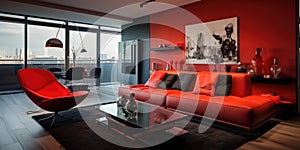 Design of a modern apartment in red shades, kitchen and living room. Generative AI