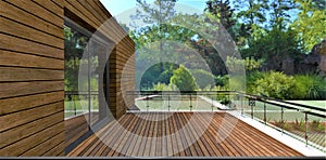 The design of a modern balcony overlooking an amazing tropical park. Decking and tempered glass railing. wooden facade. 3d