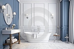 Design of a modern bathroom interior, shower cabin with toilet, sink in light colors.