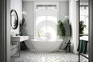 Design of a modern bathroom interior, shower cabin with toilet, sink in light colors.