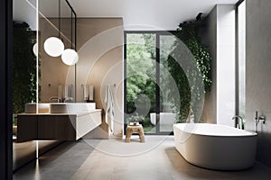 Design of a modern bathroom interior, shower cabin with toilet, sink in light colors.