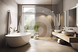 Design of a modern bathroom interior, shower cabin with toilet, sink in light colors.