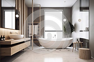 Design of a modern bathroom interior, shower cabin with toilet, sink in light colors.