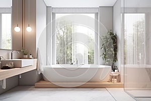 Design of a modern bathroom interior, shower cabin with toilet, sink in light colors.