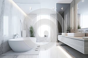 Design of a modern bathroom interior, shower cabin with toilet, sink in light colors.