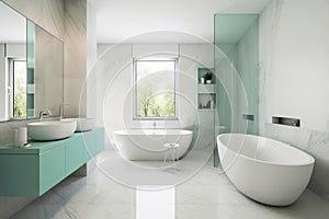 Design of a modern bathroom interior, shower cabin with toilet, sink in light colors.