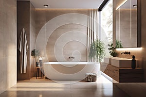 Design of a modern bathroom interior, shower cabin with toilet, sink in light colors.