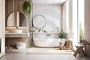 Design of a modern bathroom interior, shower cabin with toilet, sink in light colors.