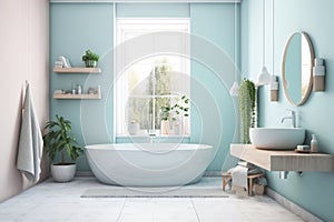 Design of a modern bathroom interior, shower cabin with toilet, sink in light colors.