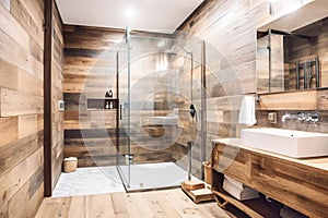 Design of a modern bathroom interior, shower cabin with toilet, sink in light colors.